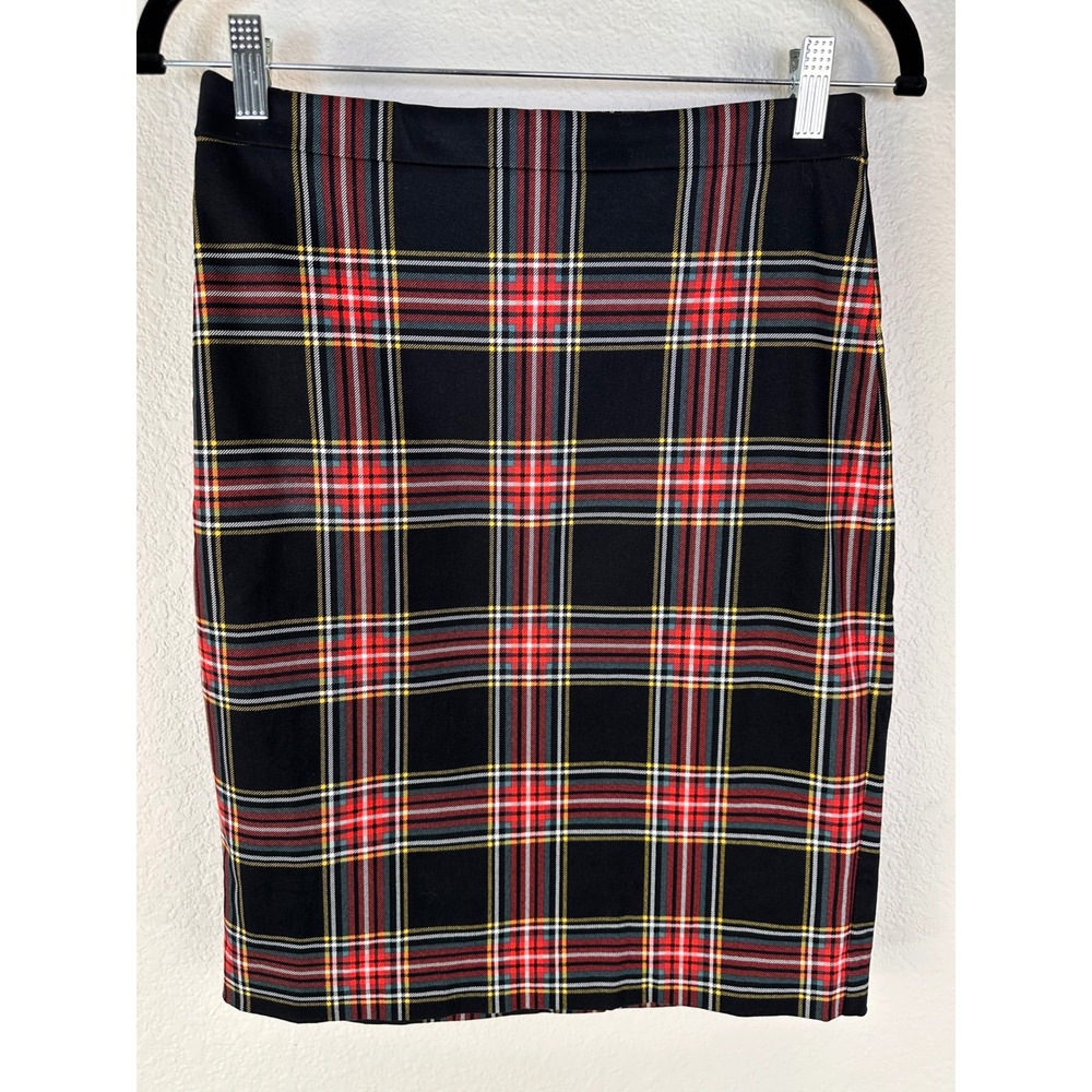 J Crew Plaid Knee Length Skirt Black Tartan Preppy Academia Career Size 0